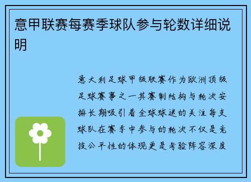 意甲联赛每赛季球队参与轮数详细说明